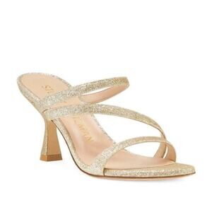 $500 STUART WEITZMAN PATRON GLITTER GOLD STRAPPY SLIDE SANDAL CURVE HEEL 6 New!